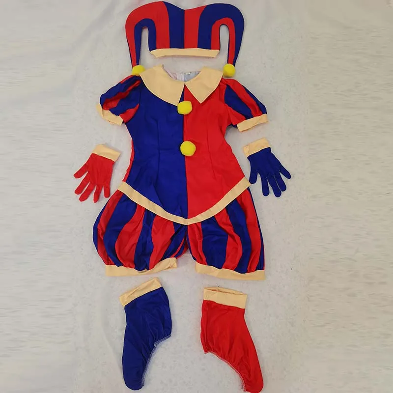 Fantasia de cosplay de circo Pomni com chapéu e luvas fantasias de Halloween roupas de carnaval (tamanho 110 cm-adulto 3XL)
