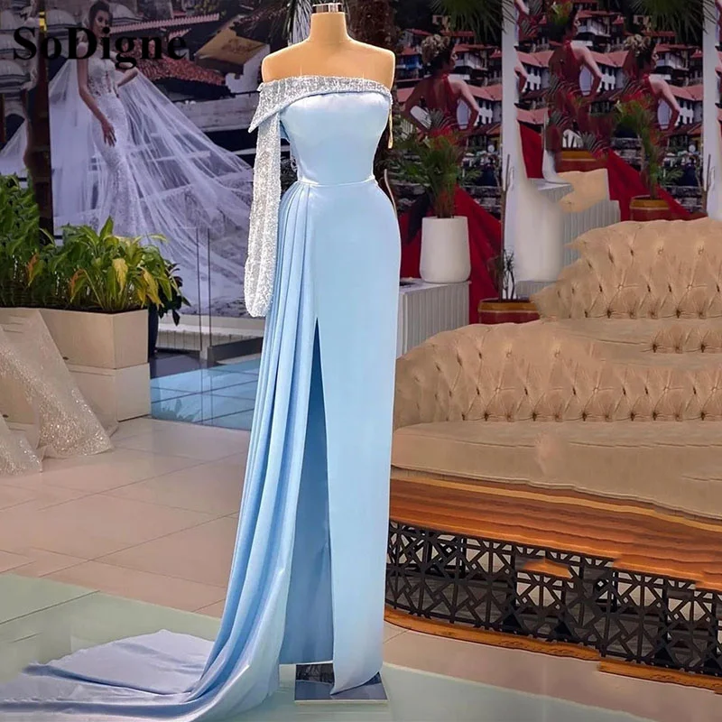 

SoDigne Sky Blue Mermaid Satin Long Prom Dresses Shiny Sequin One Shoulder Slit Pleats Women Sweep Train Party Evening Gowns