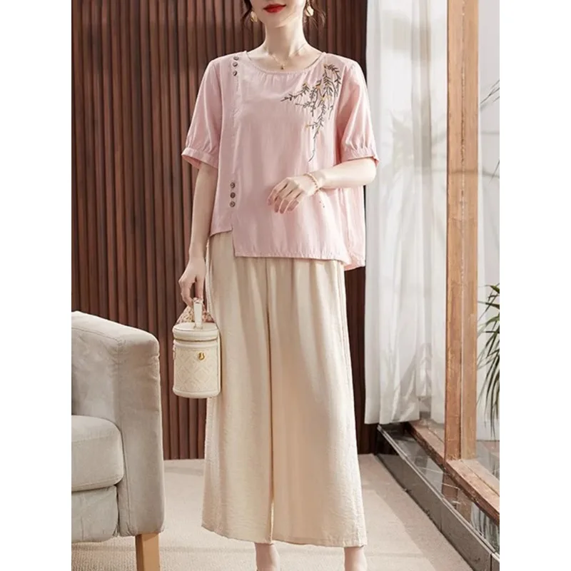 

Women's Chinese Style Embroidered Short Sleeve Top Casual Loose Crew Neck Blouse