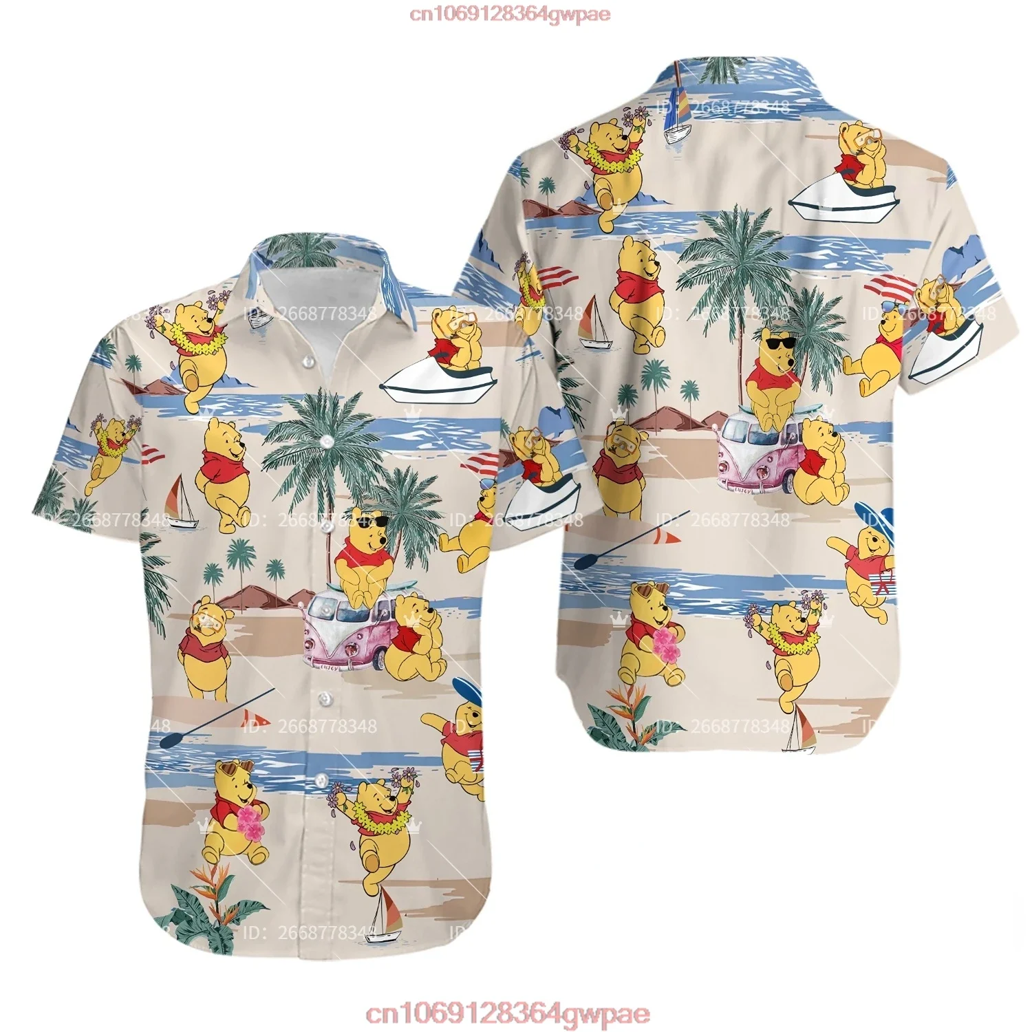 Winnie de Poeh Hawaiiaans overhemd met korte mouwen Cartoon Disney Hawaiiaans overhemd Casual strandoverhemd met korte mouwen Retro overhemd met knopen