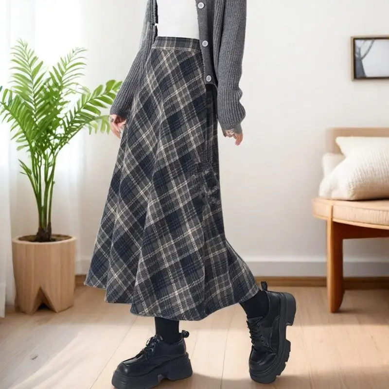 

American Style Plaid Midi Skirt Women's Full A- Line Skirts plus Size High Waist Slimming Long Skirts Trendy Spring Autumn