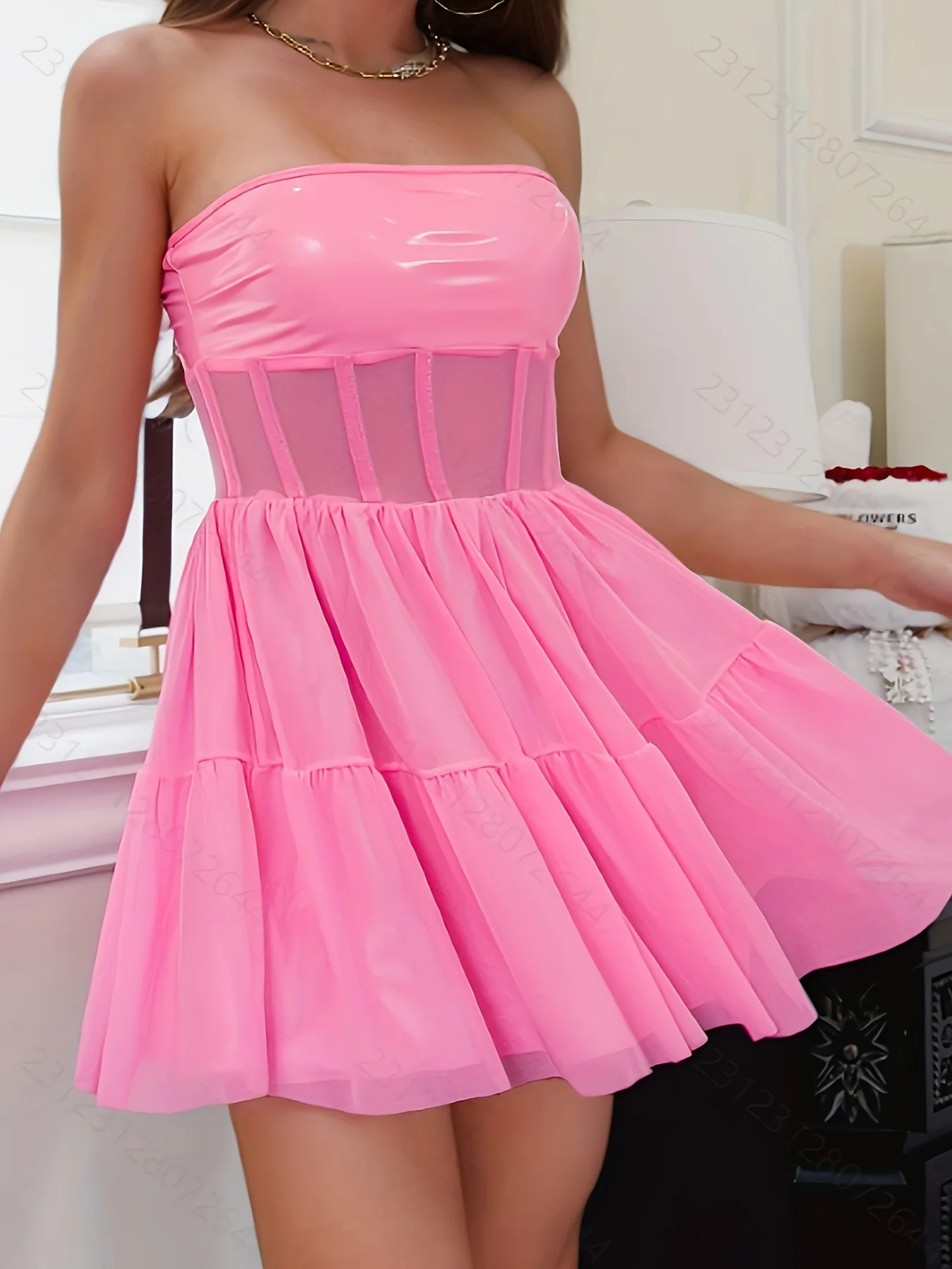 Sexy Women Corset Party Dress Backless Mesh Insert Sheer Ruffle Hem PU Leather Tube  Rave Corset Fitted Waist A Line Skirt
