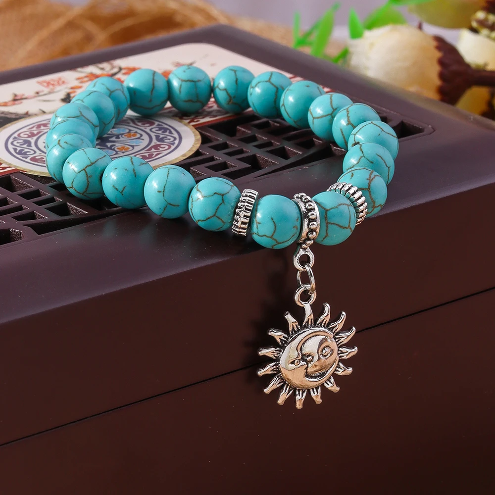 Aihua Bohemia Turquoise Stone Bracelet Tibet Silver Color Conch Turtle Sun Cross Bracelet for Women Bangles