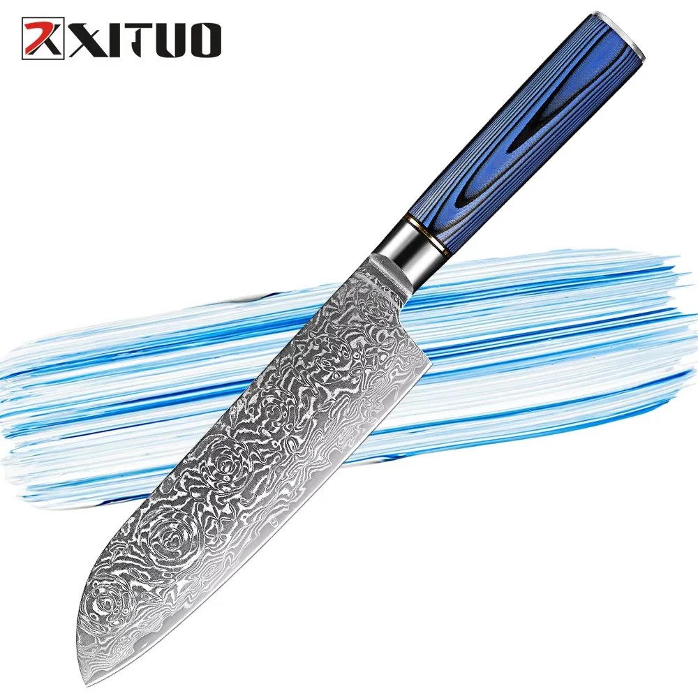 Xitou faca santoku 7 tamanhos, faca de cozinha de damasco, lâmina ultra afiada, melhor faca santoku para chef profissional e restaurante, cabo azul g10