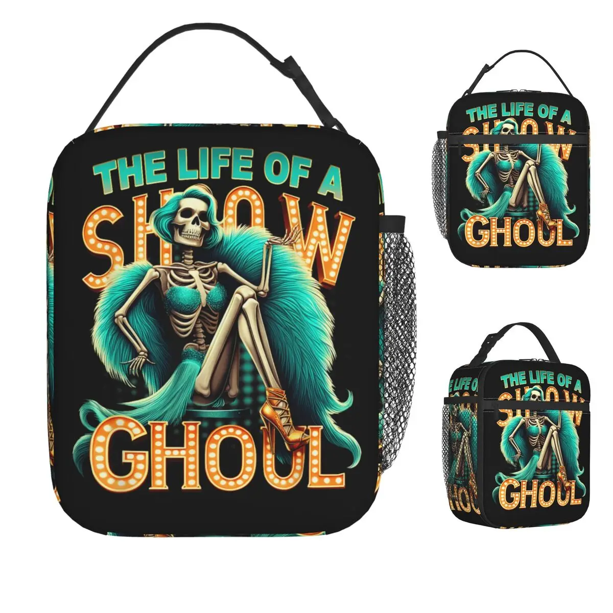 The Life Of A Show-Ghoul Retro Halloween Show Skeleton Girl Lunch Bag Portable Insulated Lunch Box Cooler Bag Tote Food Bags