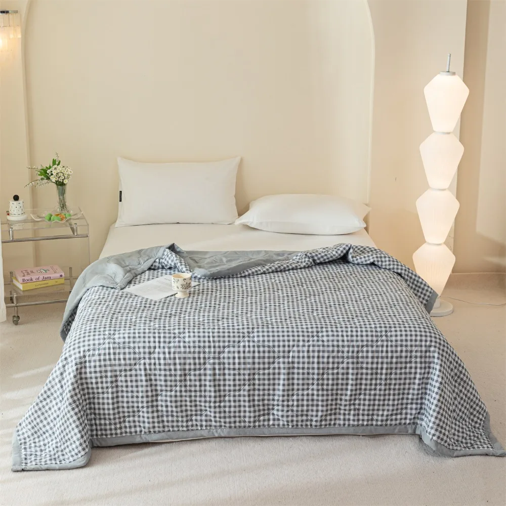 1PC Grey Gingham Summer Quilt Soft Lightweight Air Conditioning Quilt Washable Cool Feeling Quilted Blanket for Bedroom Sofa