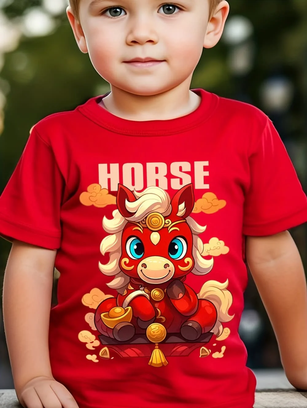 Happy Chinese Lunar New Year of the Horse 2026 Kids T-Shirt Creative Cartoon Print Short Sleeve Tops Casual Crew Neck Clothing