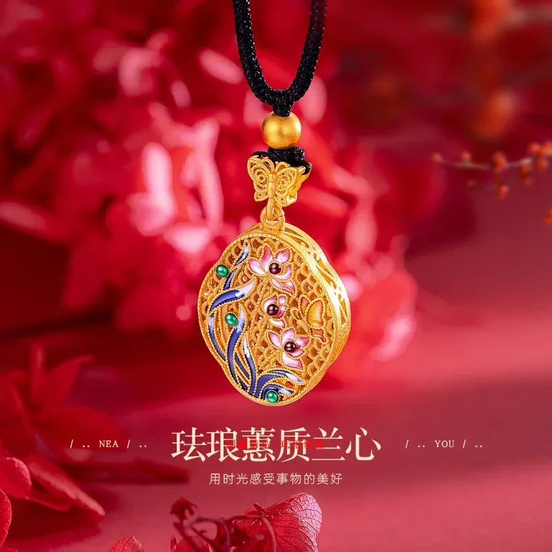 

9999 Real Gold 24K Ethnic Style Silk Orchid Butterfly Pendant, Women's Antique Enamel Cymbidium Orchid Heart Pendant