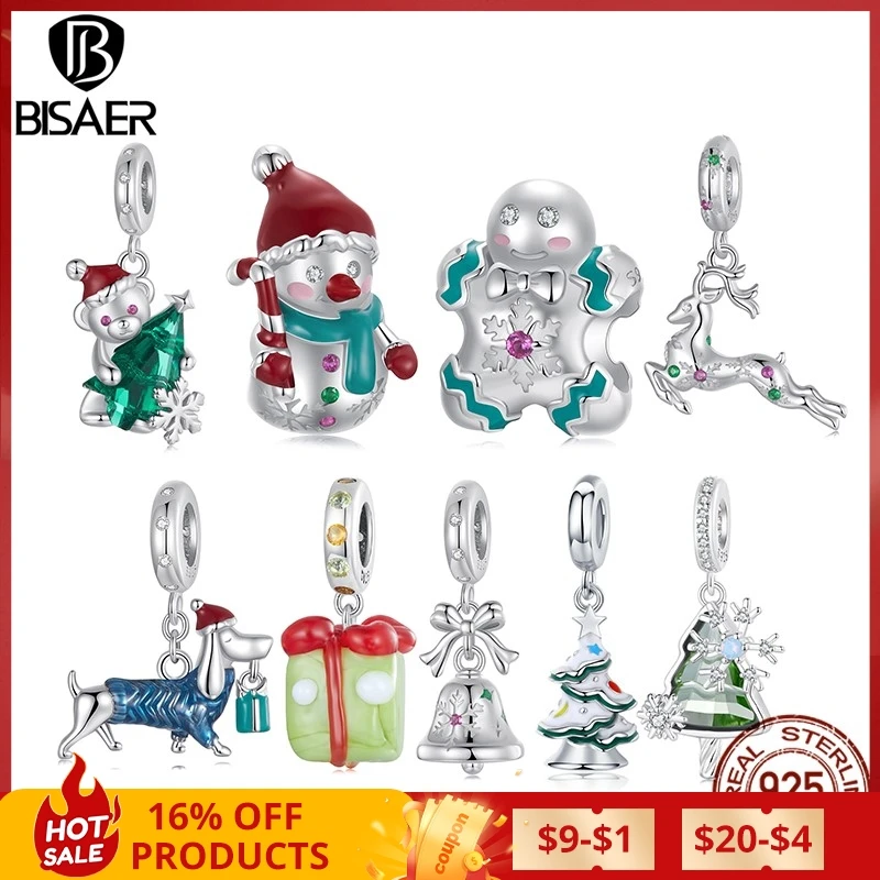 

BISAER 925 Sterling Silver Christmas Bear Reindeer Bell Charm Bead Snowman Christmas Tree Pendant Fit DIY Bracelet Jewelry Gift