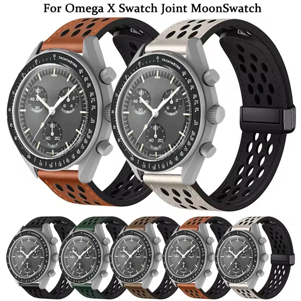 20mm Magnetic Buckle Leather Strap For Omega X Swatch Joint MoonSwatch Breathable Replace Bracelet For MoonSwatch Wristband