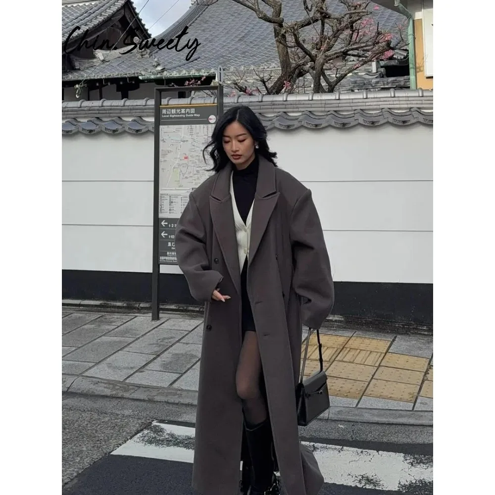

Women Wool Long Coat Casual Full Sleeve Lapel Doube-Breasted Female Coats 2025 Autumn Winter Casual Lady Streetwear