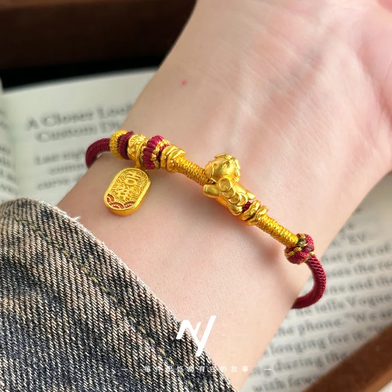 

9999 24K Real Gold Year of the Horse Zodiac Auspicious Pony Couple Red Rope Bracelet Animal Year Red Rope Braided Bracelet