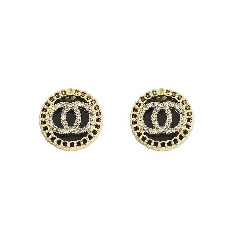 Korean Black Double Round Circles Stud Earring for Women Sweet Simple Enamel Crystal Jewelry Brincos Wholesale Girl Gift