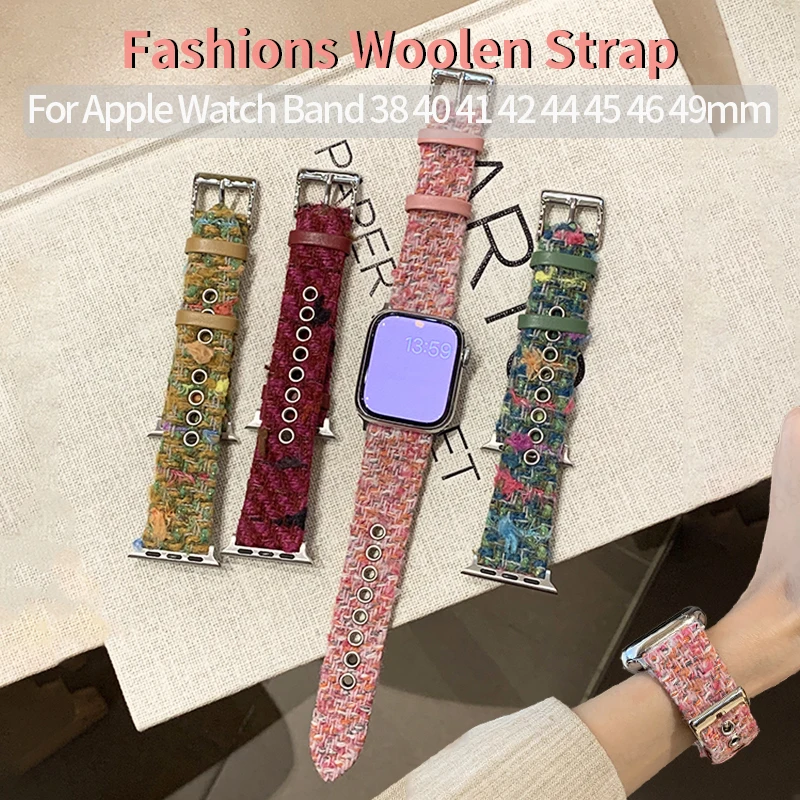 Fashions Woolen PU Leather Strap for Apple Watch Band 40mm 42mm 44 46 49 45 Winter Braided Bracelet for Iwatch 10 9 8 7 6 Correa