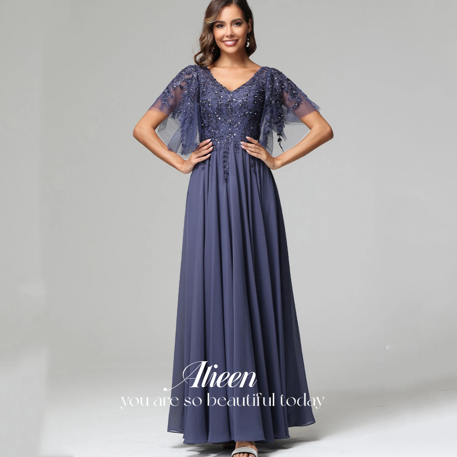 

Aileen Straight Line Ball Gowns Dark Gray Formal Dresses for Prom Mom Dress Long Dresses for Special Events Applique Chiffon