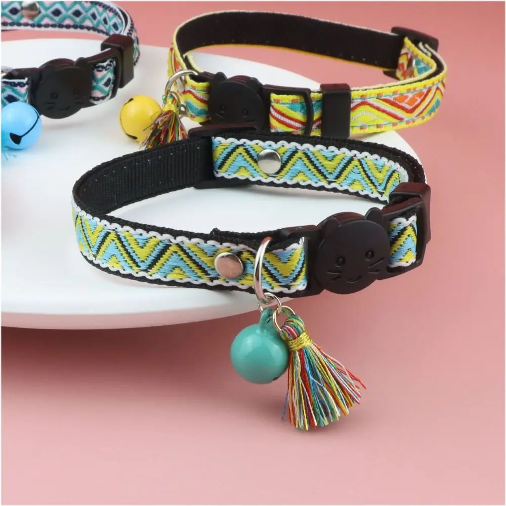 Adjustable Cat Collar Colorful With Tassels And Bells Pet Necklace Plaid Jacquard Pattern Exquisite Pet Neck Strap Puppy