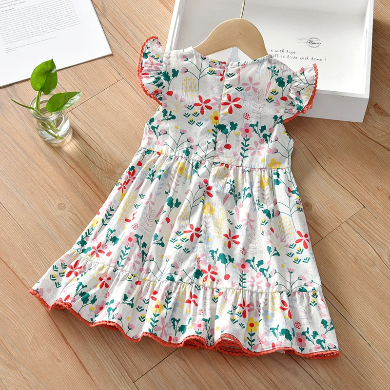 Humor Bear Girls Dress Flying Sleeve  Summer Children Princess Dresses Kids Clothes Cotton Floarl Dress