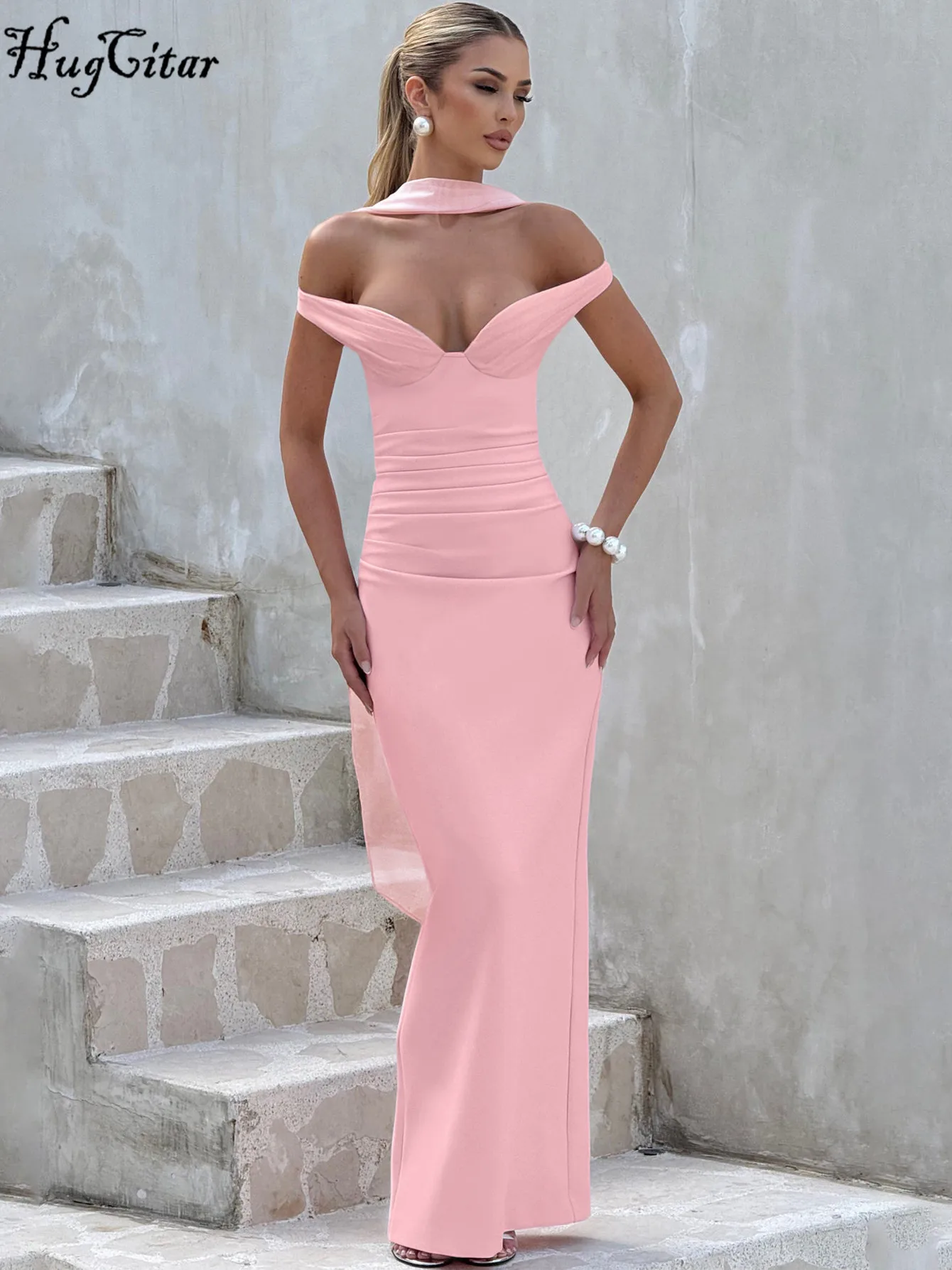 Hugcitar Damen-Elegantes, ärmelloses Schal mit V-Ausschnitt, rückenfrei, geraffter Schlitz, sexy, figurbetontes Maxikleid, Geburtstagsfeier, Urlaubskleidung