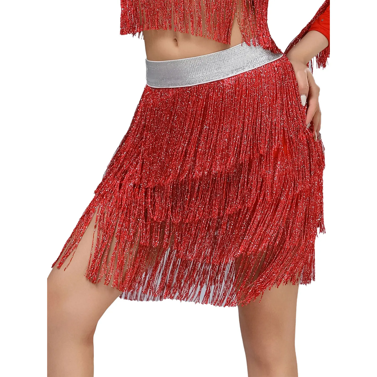 المرأة شرابة اللاتينية التانغو تنورة رقص لامعة مطاطا حزام المتدرج هامش سوينغ تنورة ل تشاتشا رومبا السامبا ملابس رقص
