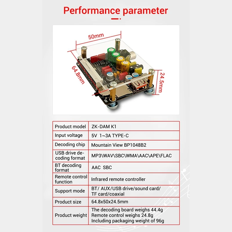 ZK-DAM K1 DSP Tuning Preamp Bluetooth Decoder Board Non-Destructive Fever U Disk Coaxial Sound Card TF Decoding Board