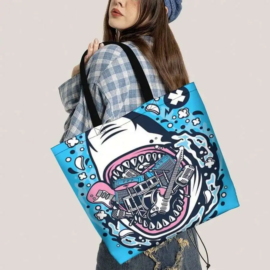 

Shark Graphic Tote Bag Rock Music Style Casual Cotton Shopping Bag Unisex