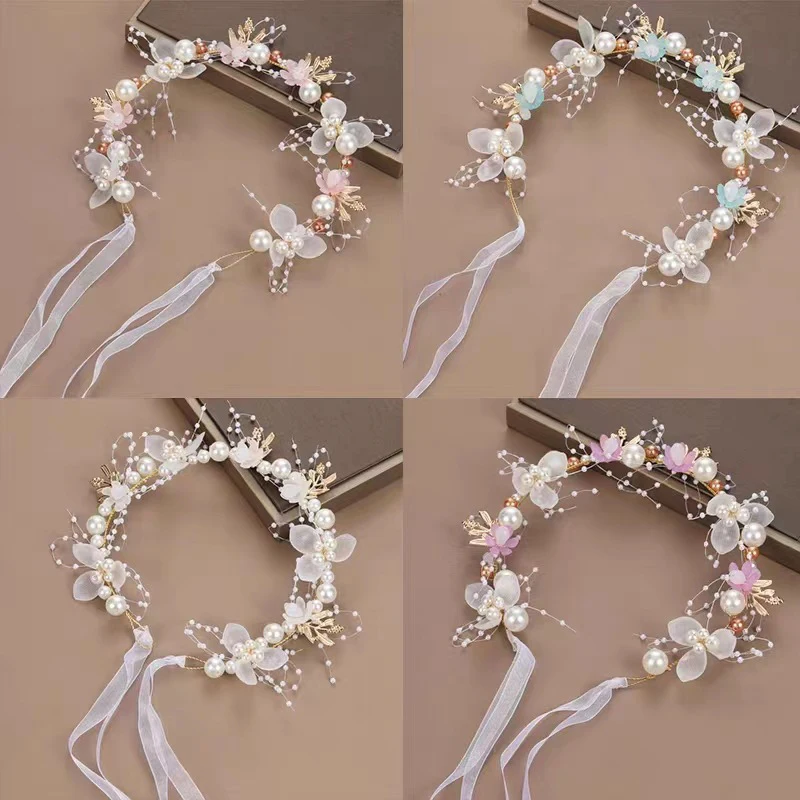 Hair Jewelry Children Gifts Spring Bohemian Girls Bridal Pearl Hair Headdress Flower Wreath Bride Garland Head Hoop Headbands