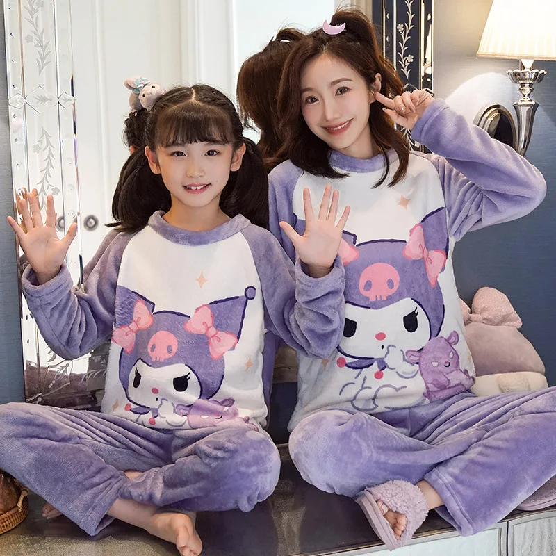 

Autumn Winter Child Pajamas Flannel Sanrios Kawaii Cartoon Kuromi Cute Sweet Thicken Coral Fleece Parent-Child Lounge Clothes