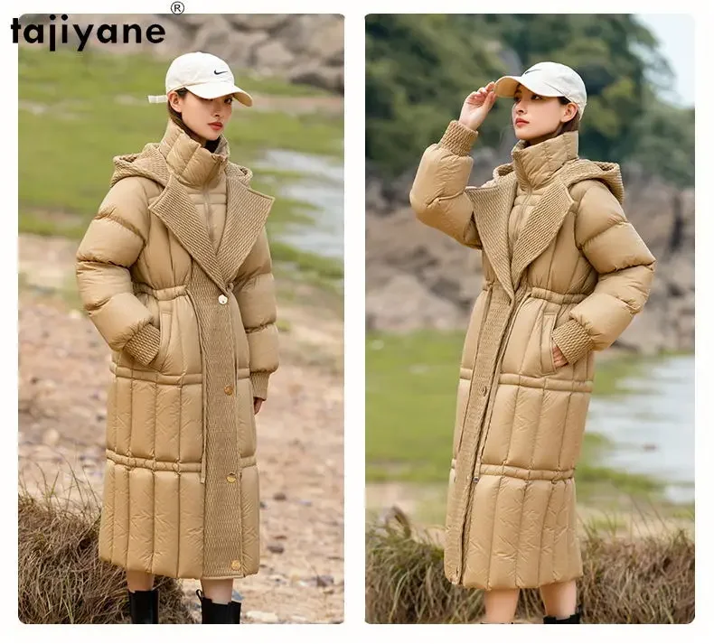 Tajiyane High-end Winter Trench Coat for Women 2023 Ultra-thick 95% White Duck Down Jacket Hooded Long Down Coats Korean Parkas