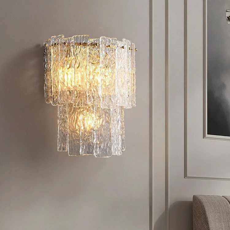 Luxury Textured Glass Wall Sconce E14 3‑Light Brass Wall Lamp 31cm Wide for Living Room Bedroom Hallway Home Decoration