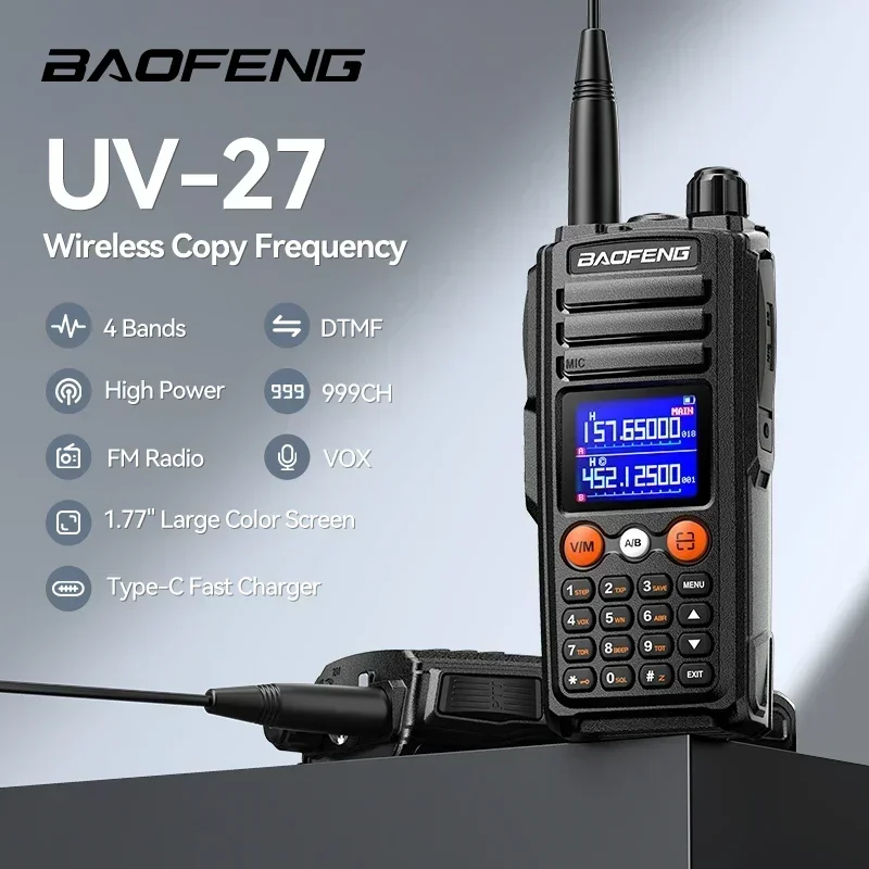 Baofeng UV-27 Walkie Talkie High Power Wireless Copy Frequency NOAA 999CH UHF VHF FM Long Range Type-C Portable Ham 2 Way Radios