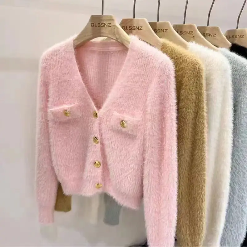 Fashion Mink Cashmere Cardigan Women Vintage Button Cropped Knitted Sweater Autumn New V-neck Solid Elegant Pink Cardigan