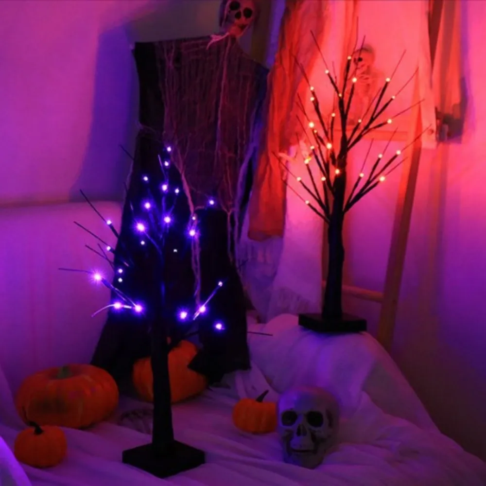 1PC24LED ضوء شجرة الهالوين، متوفر بألوان فاتحة برتقالية وأرجوانية، مدعوم بالبطارية وUSB، يستخدم لتزيين العطلات