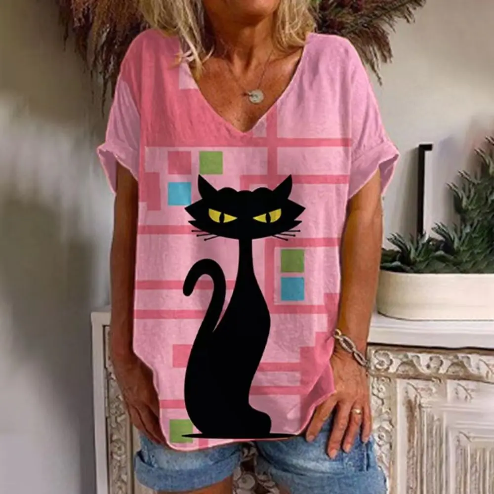 Camiseta de manga corta con cuello en V para mujer, Top Kawaii de gato, ropa de calle Harajuku, camiseta informal holgada para mujer