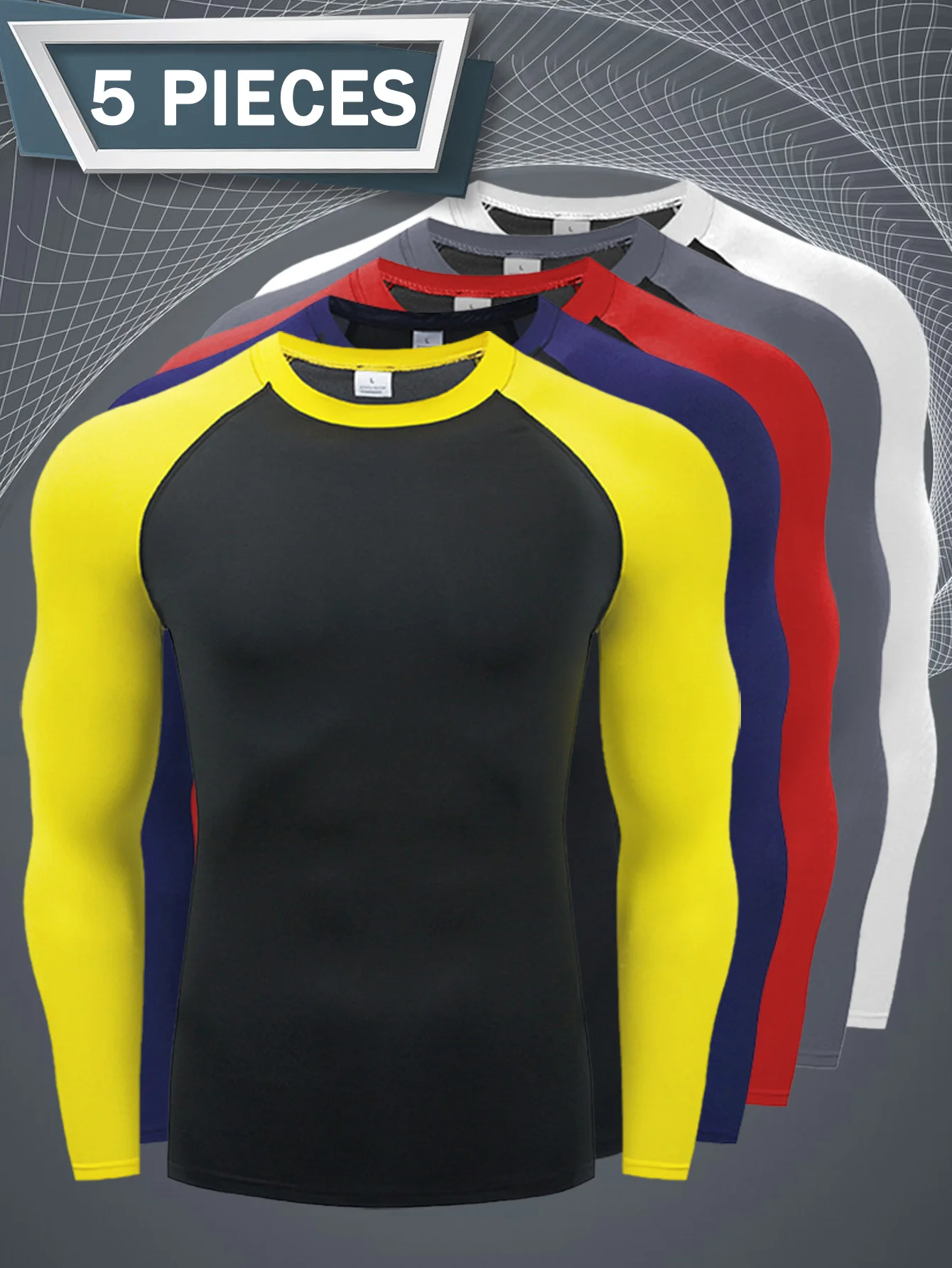 5 قطع من القمصان الرياضية للرجال، قميص مضغوط للتدريب على الجري، قميص لياقة بدنية وأكمام طويلة، سريع الجفاف وجيد التهوية #1