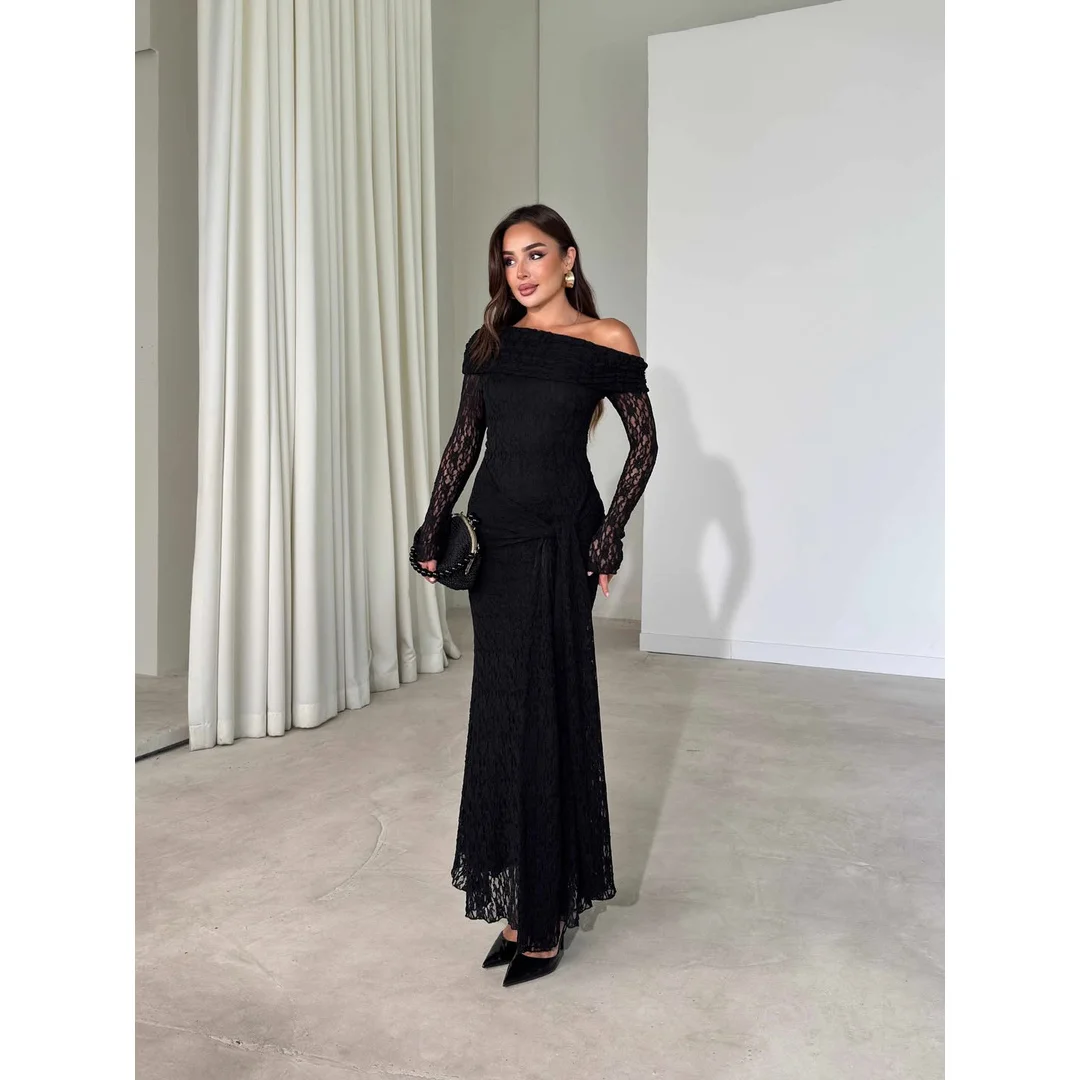 Mermaid Elegant Evening Party Dresses for Special Occasions Black Long Sleeves Ball Gown Dress Customized Embroidered Lace Women