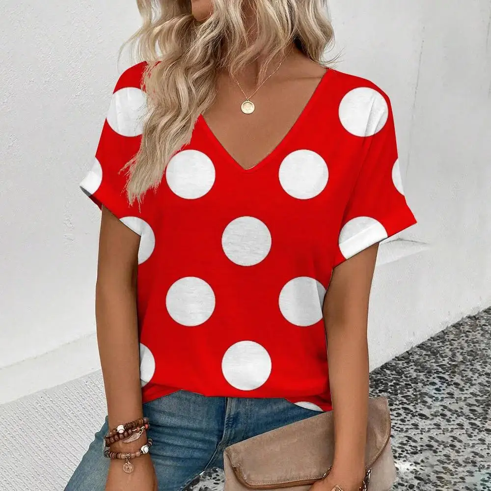 

Новые летние футболки в горошек с 3D-принтом, модные женские футболки с V-образным вырезом и коротким рукавом, повседневные футболки Y2K, топы в стиле Харадзюку, женская одежда