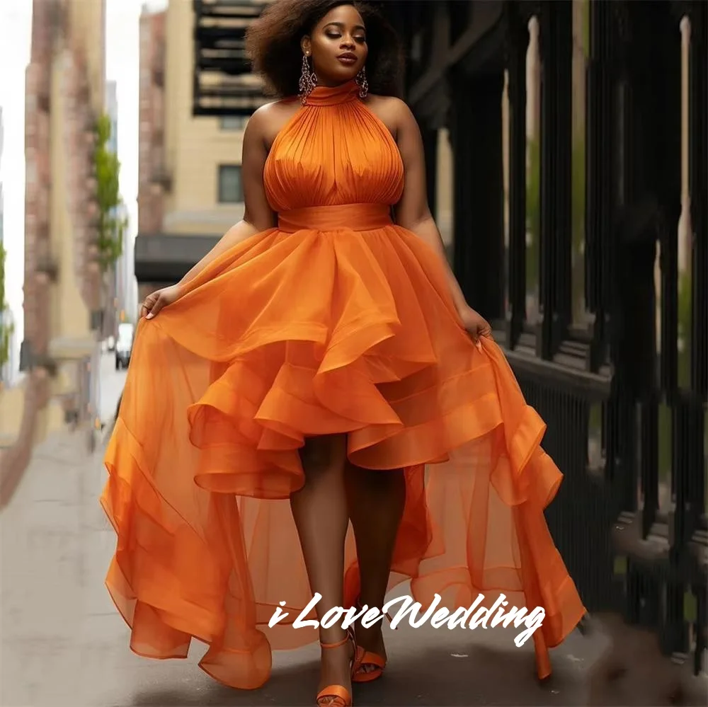 

Orange Halter Organza A-line High-low Prom Dresses Sleeveless Multi-Layered vestidos de noche Floor-length Pleated Customized