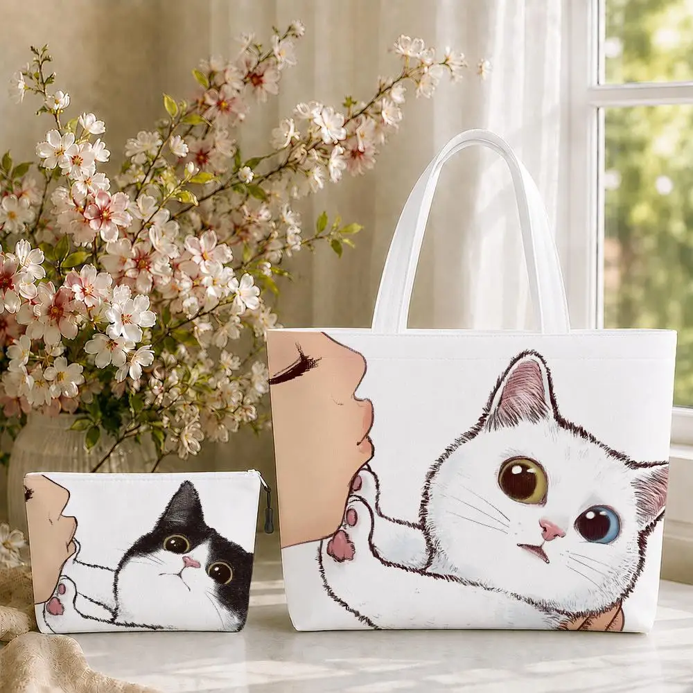 Kissing the cat Storage Bags 2PC Double-Sided Print Canvas Makeup Pouch Set Tote Bag Work Travel Set