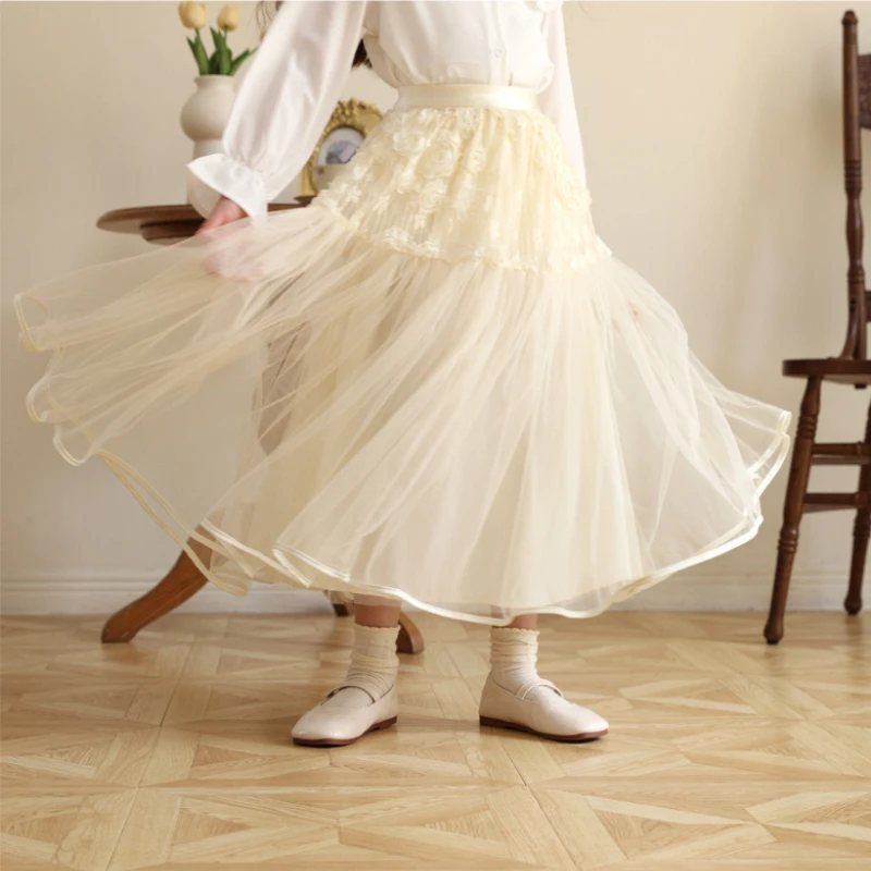 Fashion Girl Floral Tulle Tiered Midi Skirt Tween Girls Layered Mesh Skirt Rose Floral Tutu Plus Size Teen Elegant Kids Clothes