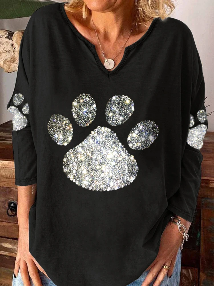 

Women's long sleeve tops shiny paw print v-neck long sleeve autumn casual fashion women's t-shirts