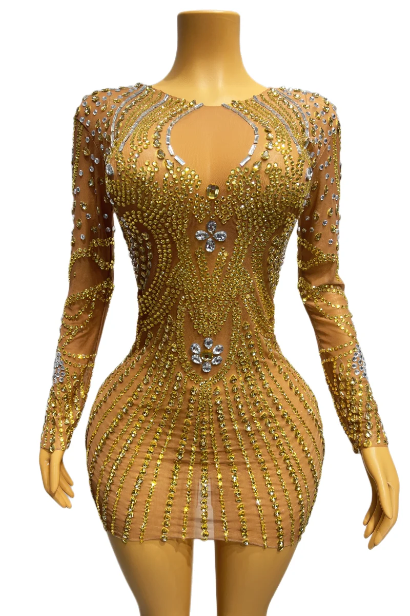 Evening Celebrate Party Gold Crystal Diamond Bodycon Mini Dress Long Sleeve Mesh Night Club Dress Singer Bar Performance Costume