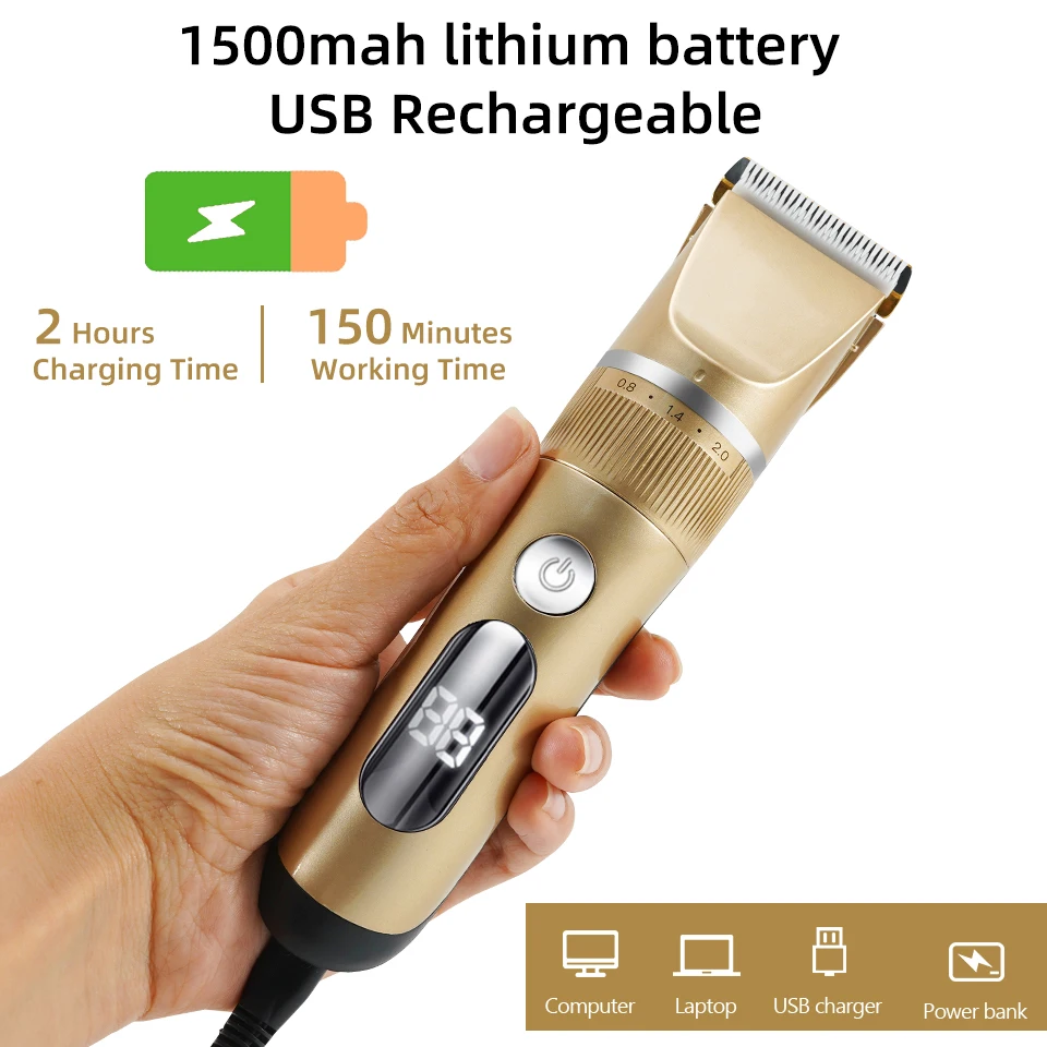 Cortadora de pelo eléctrica para hombres, afeitadora inalámbrica, máquina de corte de pelo de barbero, recargable por USB, pantalla LCD