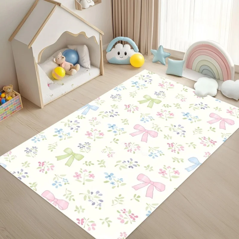 Light Pink Bow Daisy Tiny Heart Area Rug Non Slip Soft Sweet Floor Mat Cottagecore Cute Carpet For Bedroom Decor