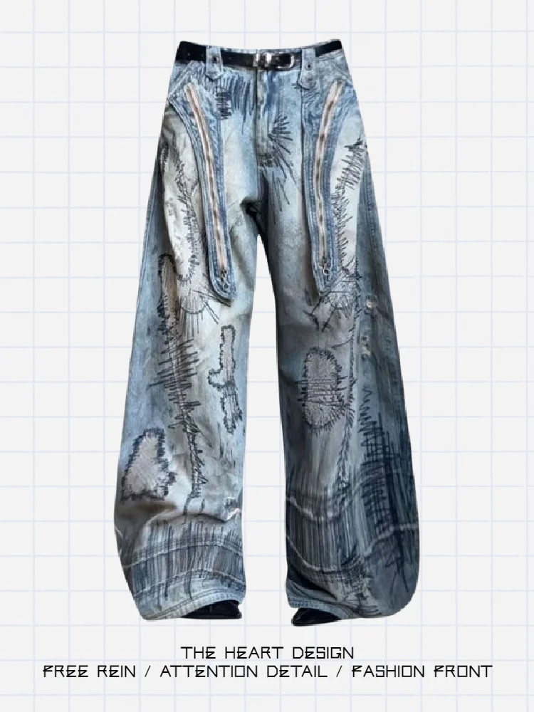 

American Sle High Waist Wide Leg Jeans Women's Loose Fit Slimming Knife Distred Embroidery Streetwear Denim Pants