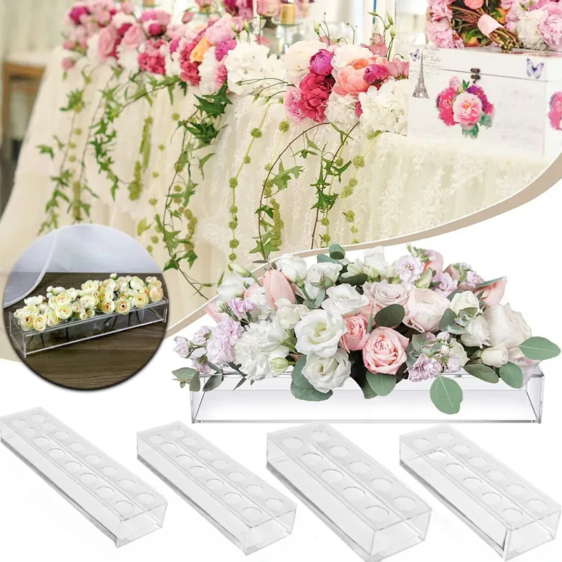 Vaso retangular, vaso de rosas, vaso de flores acrílico transparente, mesa de banquete de casamento, peça central de flores, vaso de flores baixo moderno