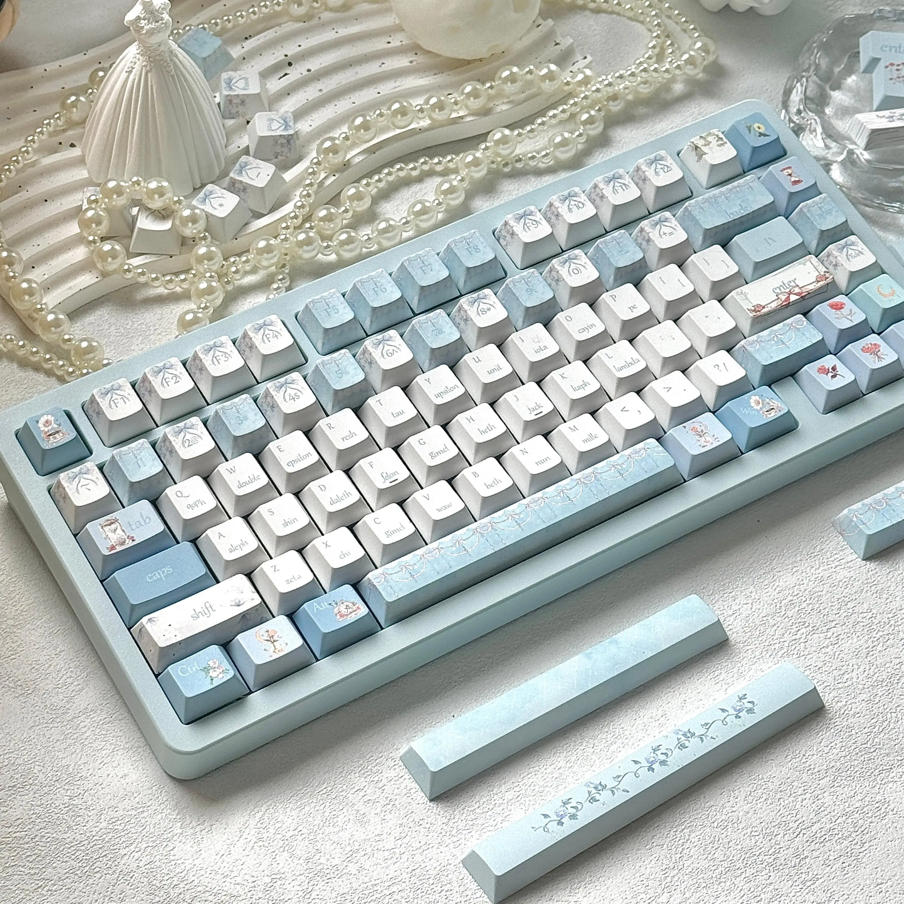 Blue White Keycap Romantic Flower Sweet Talk Theme Cherry Profile PBT Keycaps for Mechanical Keyboard French Bow Element Key Cap