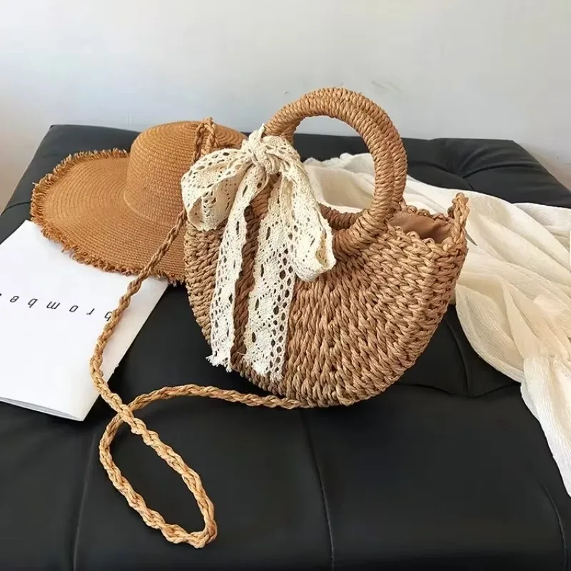 

Straw Bag Women Hand-Woven Handbag Moon Shape Lace Bow Rattan Bag Big Capacity Drawstring Casual Beach Shoulder Crossbody Bag