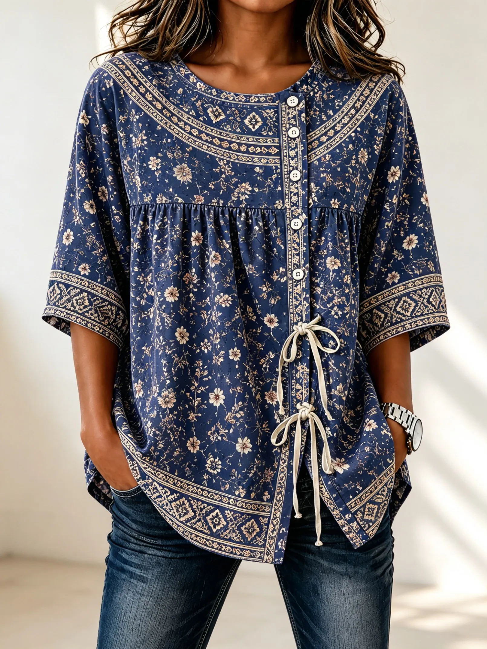 

Women's Blue Vintage Floral Print Drawstring Button Up Blouse, Casual Round Neck Tops for Spring Summer Daily Vacation Wear