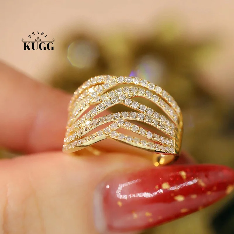 KUGG 100% 18K Yellow Gold Rings 0.90carat Real Natural Diamond Engagement Ring for Women Luxury Shiny Design High Party Jewelry