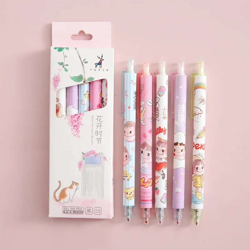 5Pcs/Set Cute Peach Macaroon Color Retractable Gel Pen Black Ink Signature Writing Pen for Kids School Office Kawaii Stationery